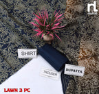 Lawn 3p Suit Fine Quality Allover Shirt Dyed Trouser with digital voil lawn dupatta 9501