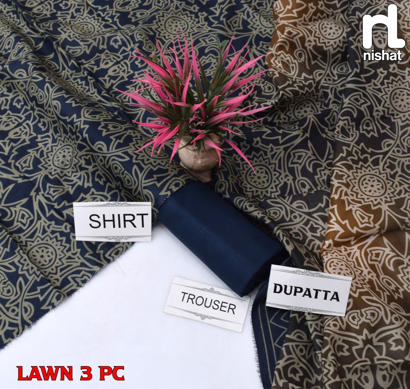 Lawn 3p Suit Fine Quality Allover Shirt Dyed Trouser with digital voil lawn dupatta 9501