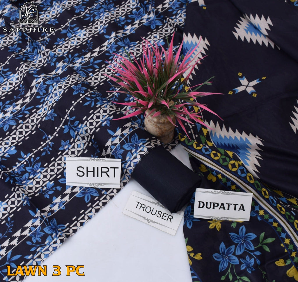 Lawn 3p Suit Fine Quality Allover Shirt Dyed Trouser with digital voil lawn dupatta 9511