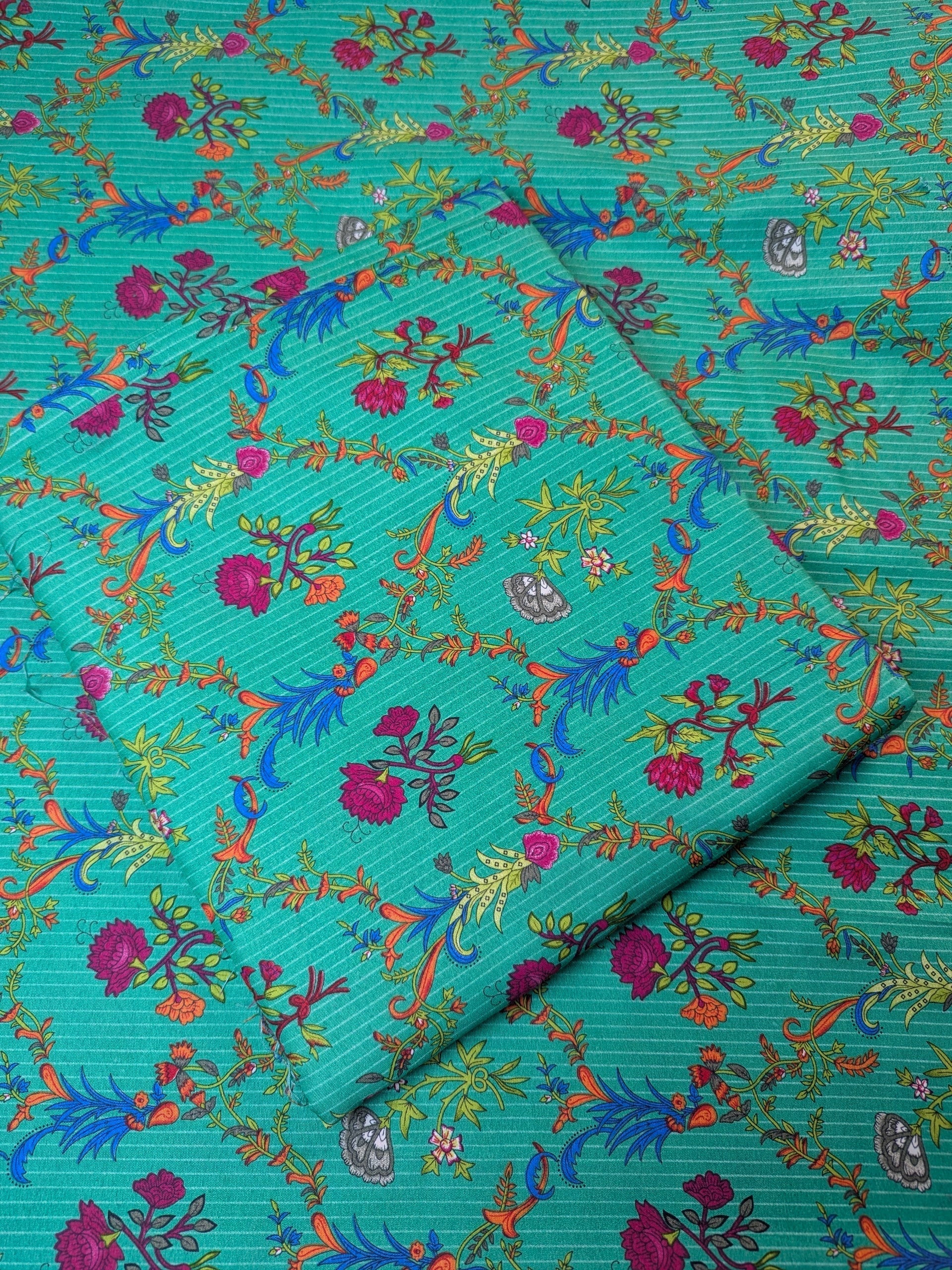 Teal fabric with colorful floral and abstract patterns
