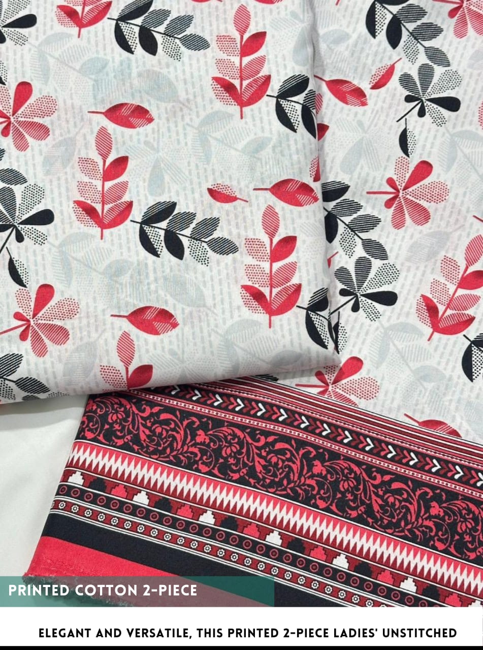 Two printed cotton fabrics with leaf and geometric patterns on a white background.