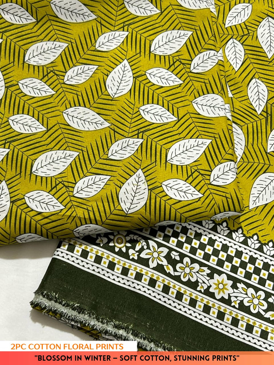 Two pieces of cotton fabric with floral patterns on a white background.