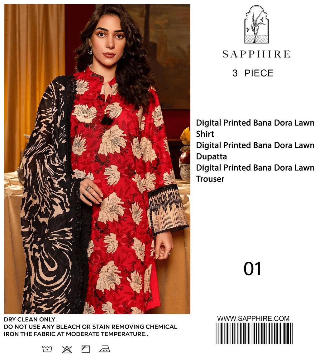 Lawn 3p Suit Fine Quality Allover Shirt Dyed Trouser with digital voil lawn dupatta 9541