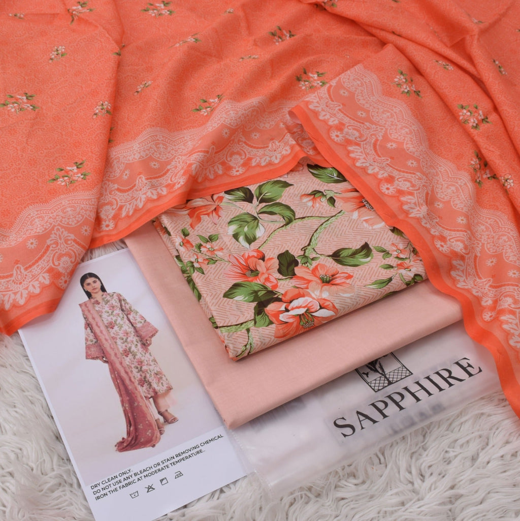 Lawn 3p Suit Fine Quality Allover Shirt Dyed Trouser with digital voil lawn dupatta 9542