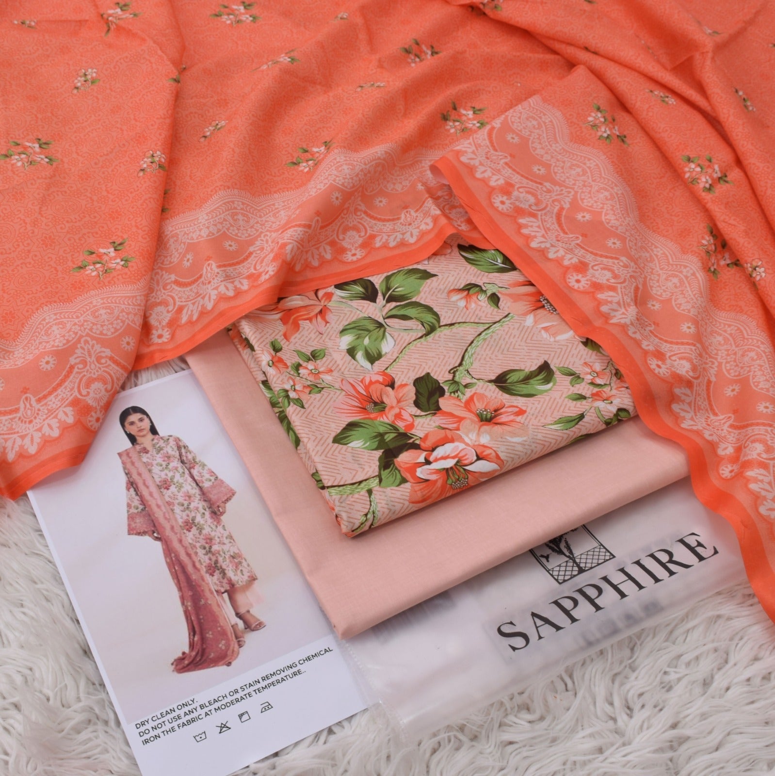 Lawn 3p Suit Fine Quality Allover Shirt Dyed Trouser with digital voil lawn dupatta 9542