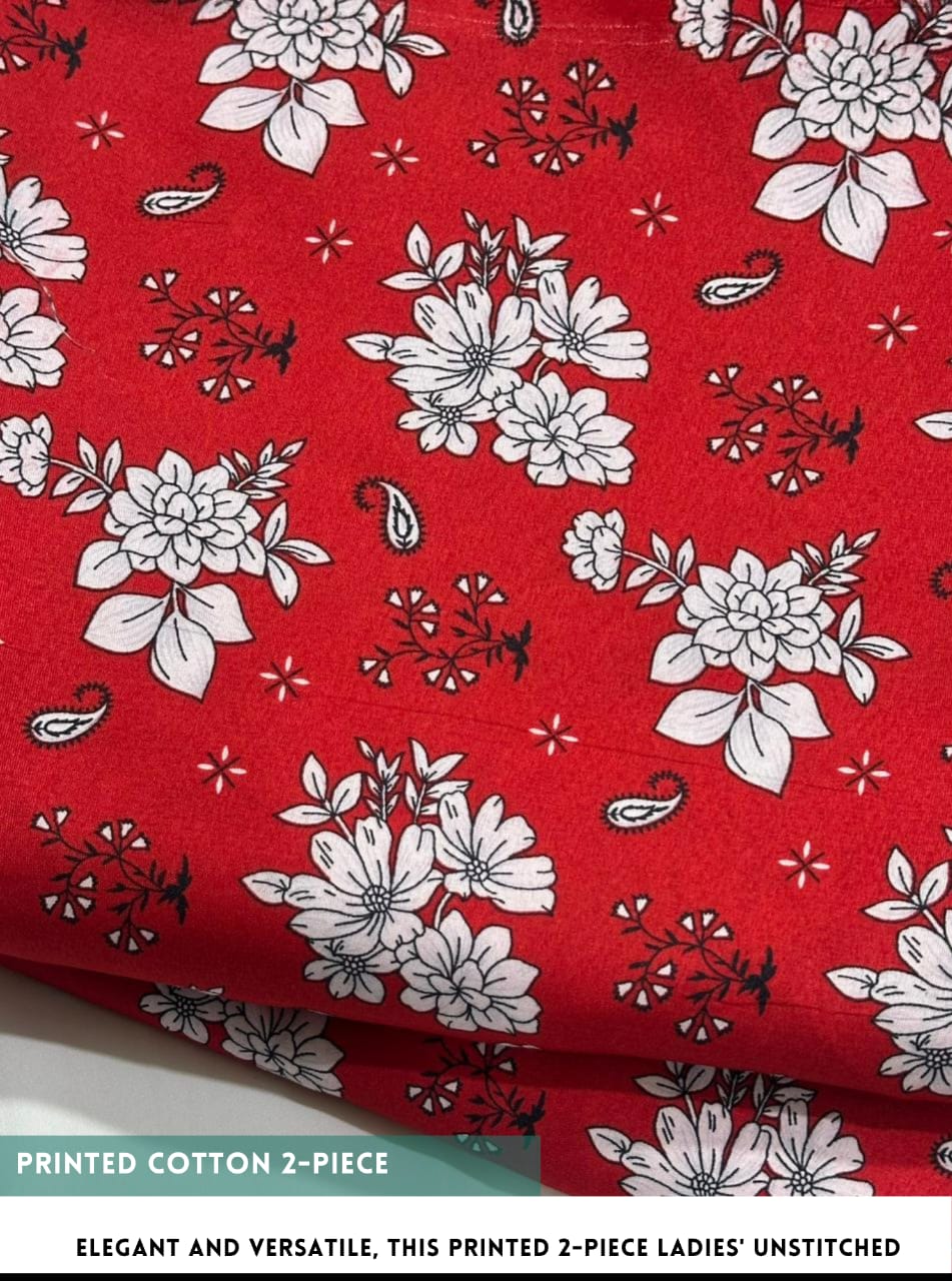 Floral patterned fabric on a red background with text at the bottom.