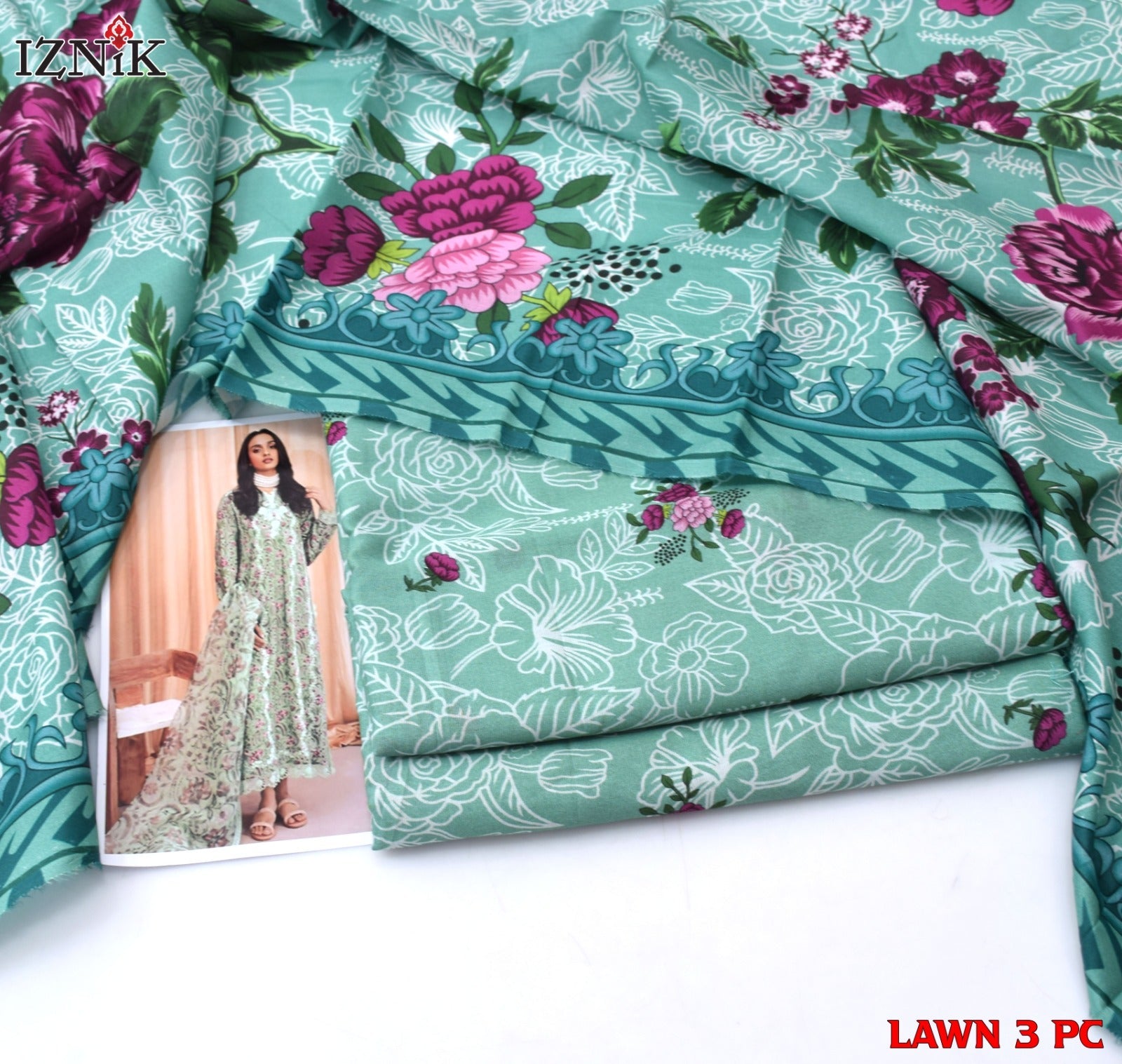 Lawn 3p Suit Allover Shirt Trouser with digital voil lawn dupatta 9525