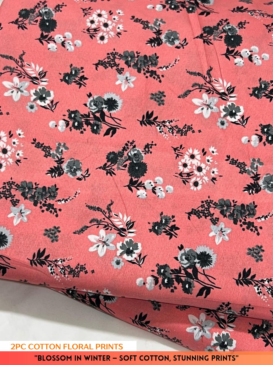 Cotton fabric with floral pattern on a pink background