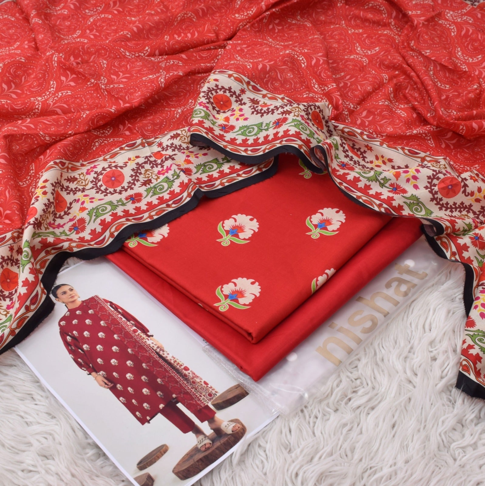 Lawn 3p Suit Fine Quality Allover Shirt Dyed Trouser with digital voil lawn dupatta 9540