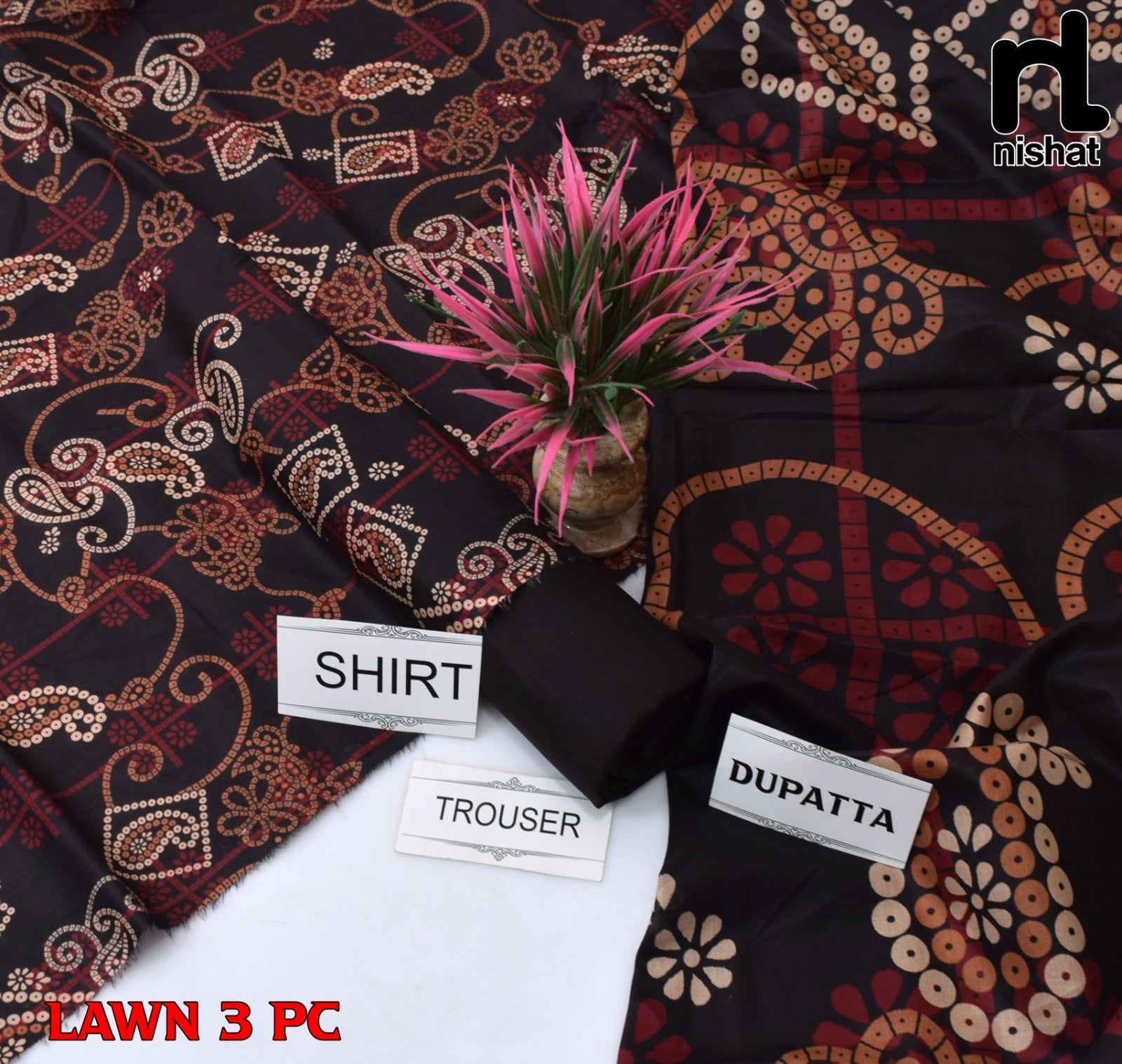 Lawn 3p Suit Fine Quality Allover Shirt Dyed Trouser with digital voil lawn dupatta 9515