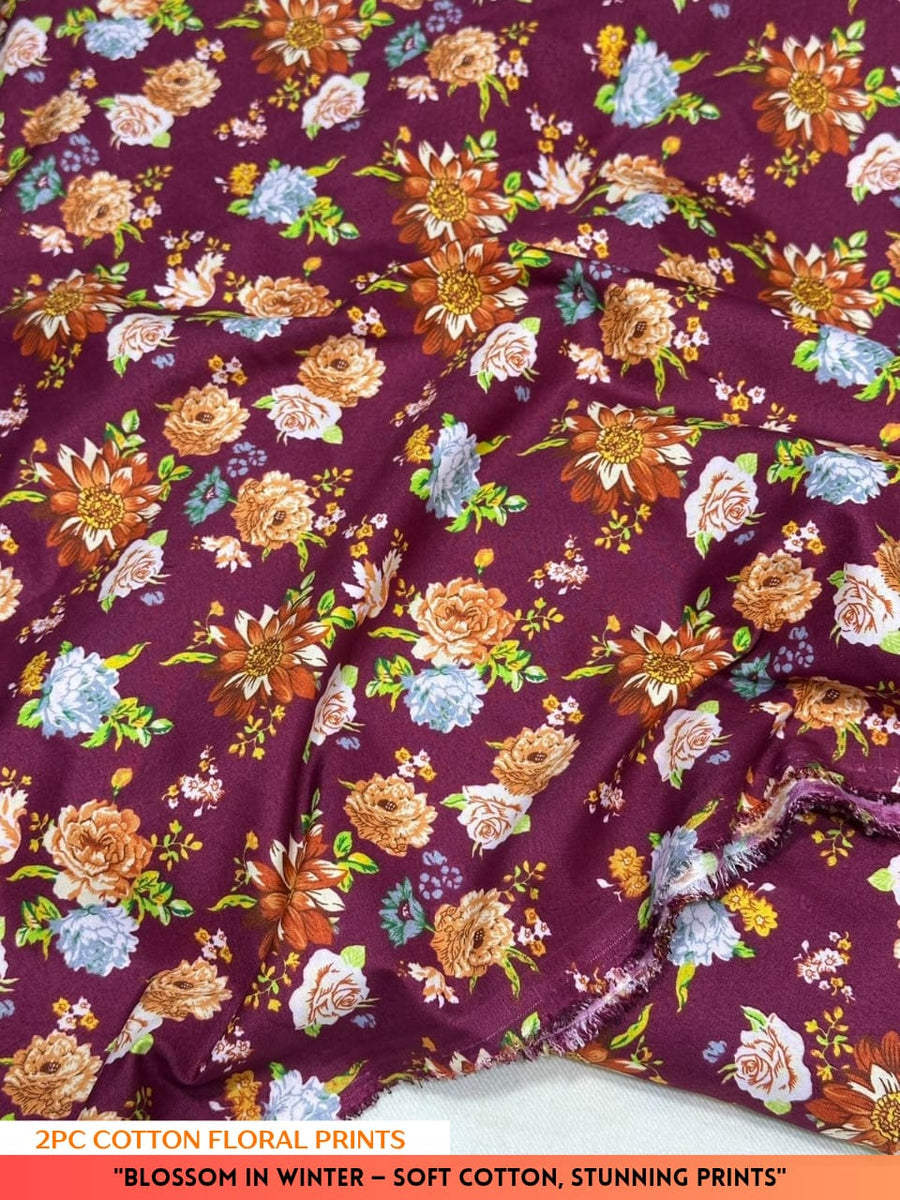 Floral patterned fabric with colorful flowers on a purple background