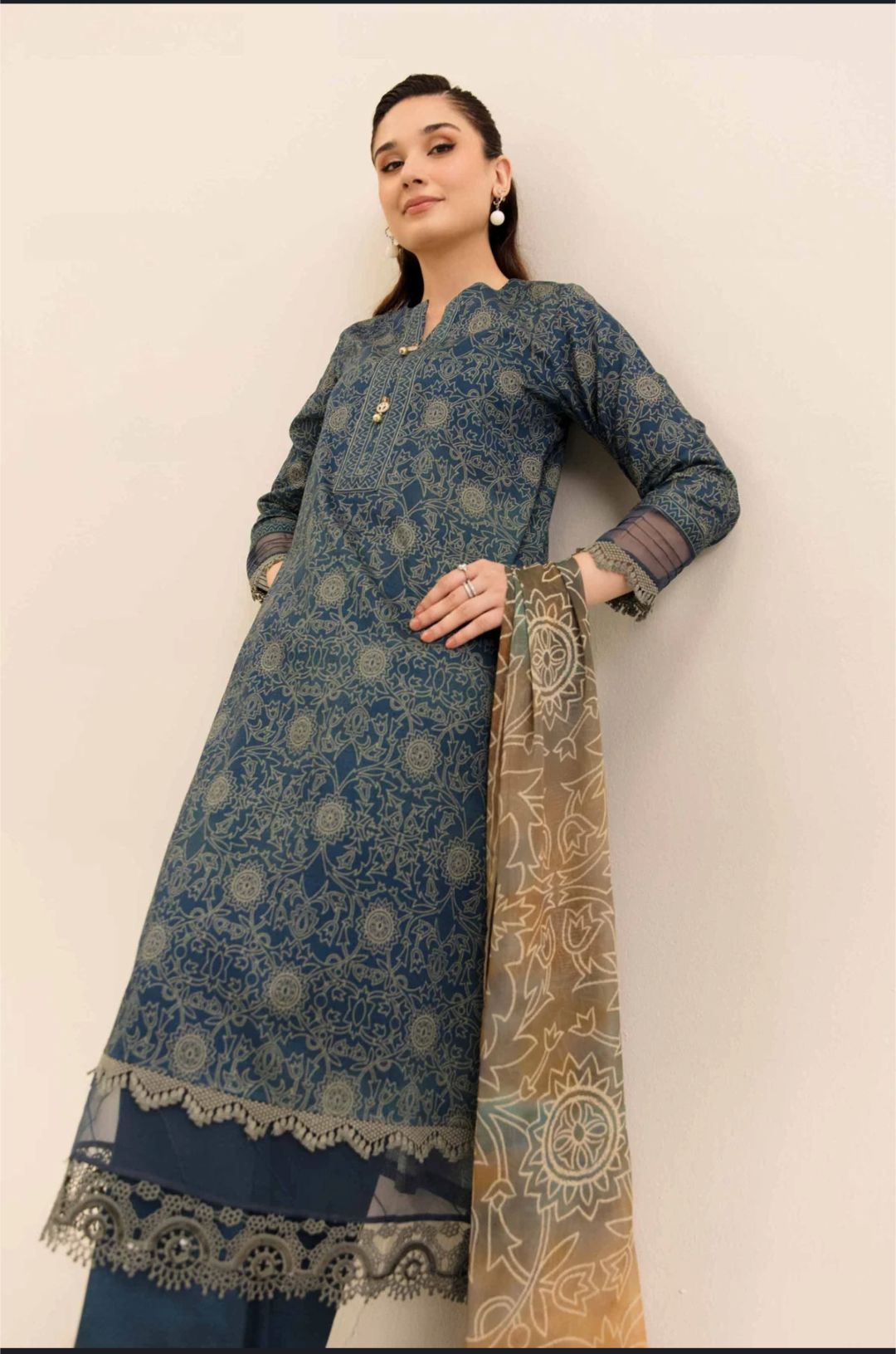 Lawn 3p Suit Fine Quality Allover Shirt Dyed Trouser with digital voil lawn dupatta 9501