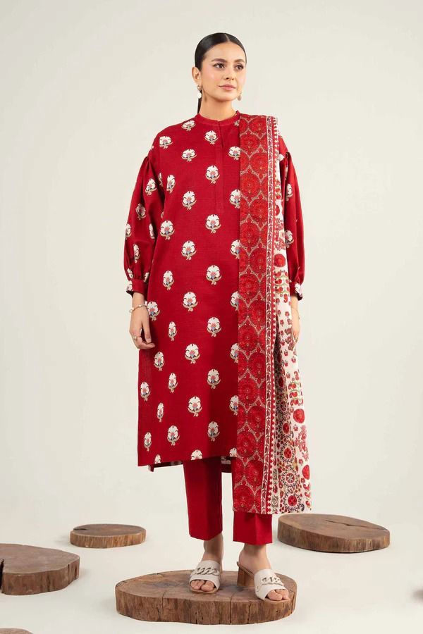 Lawn 3p Suit Fine Quality Allover Shirt Dyed Trouser with digital voil lawn dupatta 9540